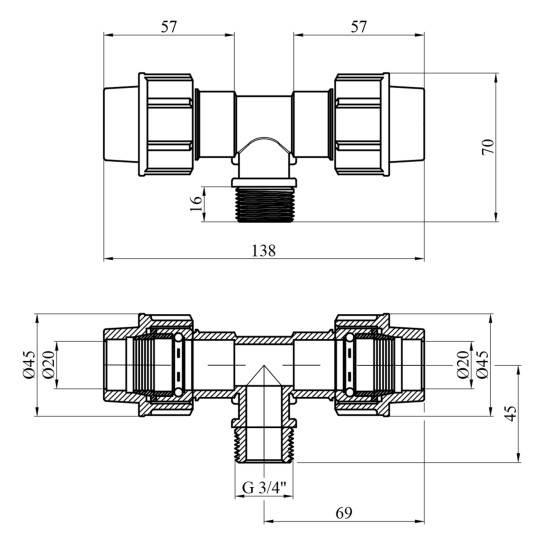 Додаткове фото - Трійник ПЕ SantehPlast 20х3/4"х20 РЗ
