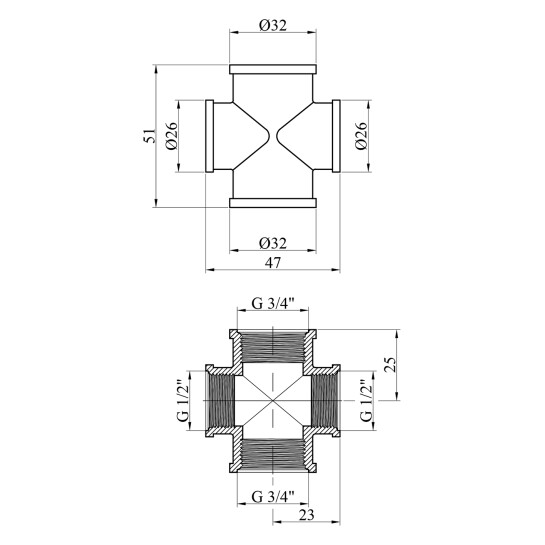 Додаткове фото - Хрестовина посилена перехідна LexLine 3/4''х1/2''х3/4"х1/2" ВВВВ латунна УК4606-В