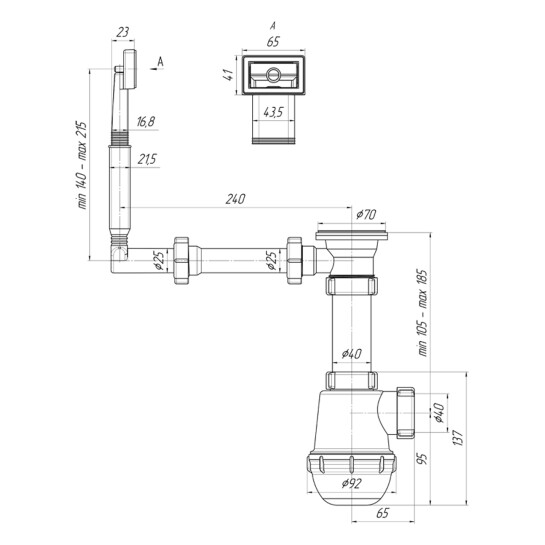 Сифони для кухонних мийок Сифон для кухонної мийки ANIplast 1 1/2''х40 мм з різьбовим випуском, з прямокутним переливом A0140EU