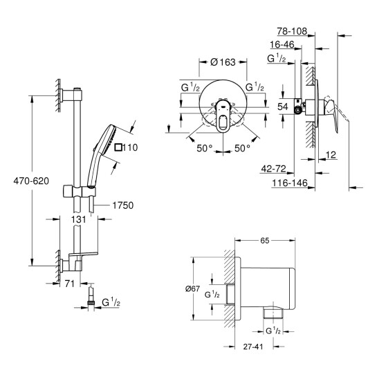 Додаткове фото - Душова система Grohe Bauloop з гарнітуром Vitalio Comfort 110 і підключенням Vitalio 2908026929