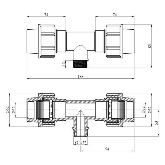 Додаткове фото - Трійник ПЕ SantehPlast 32х1/2"х32 РЗ