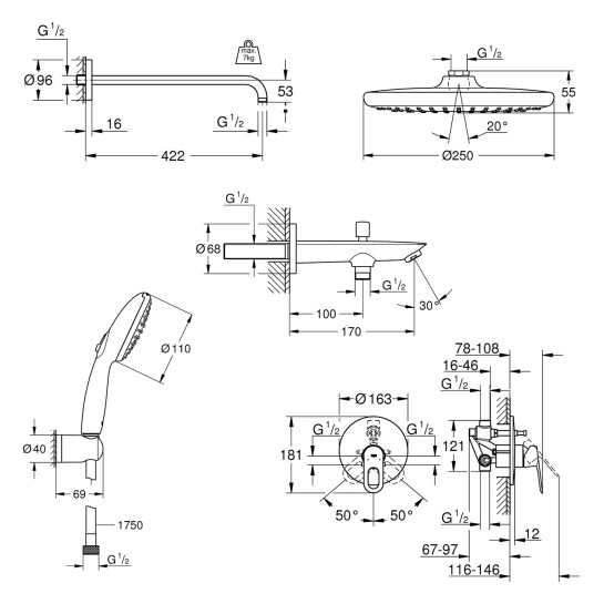 Додаткове фото - Душова система прихованого монтажу Grohe Vitalio Start 250 з виливом для ванни та змішувачем Bauloop UA290810R3