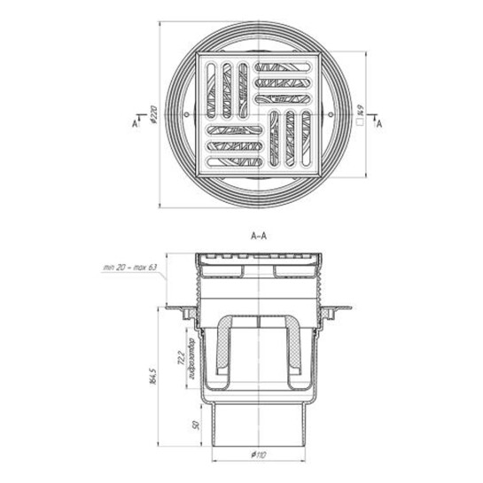 Додаткове фото - Трап ANIplast з вертикальним випуском 110 мм, з нержавіючою решіткою 15х15 см TA1712EU