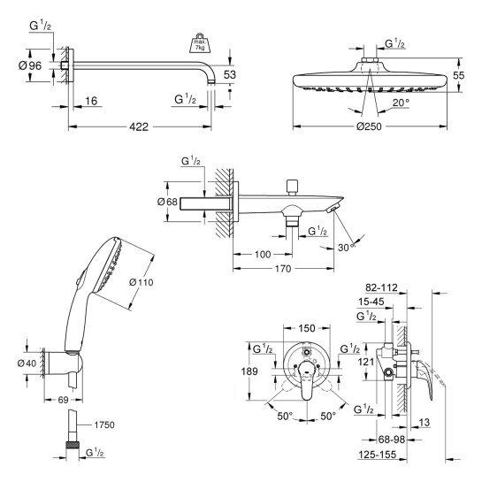 Додаткове фото - Душова система Grohe Vitalio Start 250 з виливом для ванни та змішувачем Euroeco UA32747R3