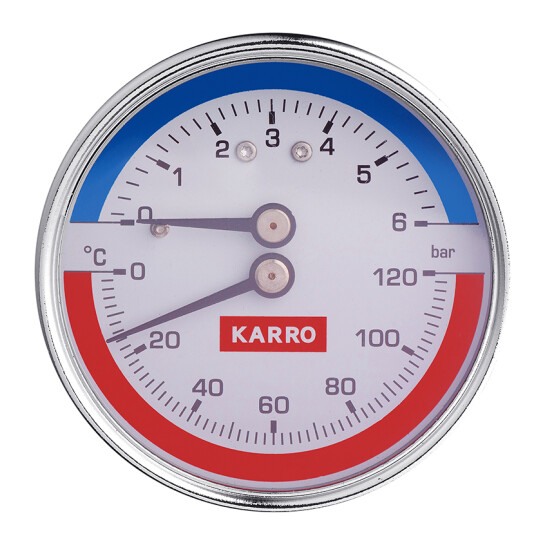 Манометри, термометри, термоманометри Термоманометр Karro 1/2"х1/4" горизонтальний 63 мм KR-1086В