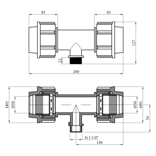 Додаткове фото - Трійник ПЕ SantehPlast 50х1 1/4"х50 РЗ
