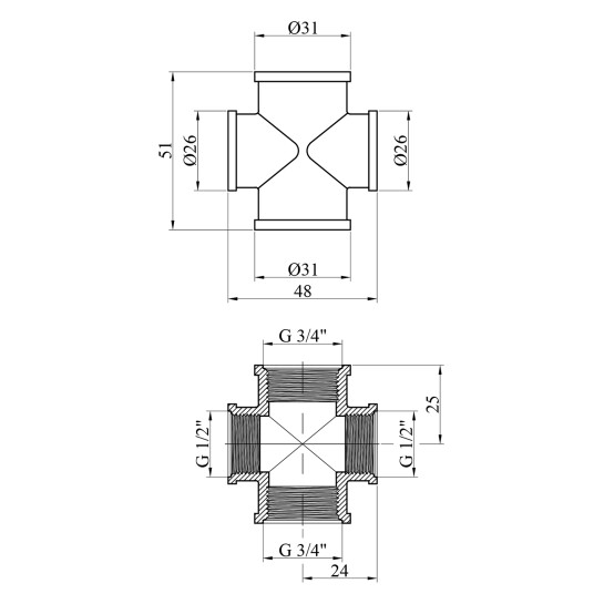 Додаткове фото - Хрестовина посилена перехідна  LexLine 3/4"х1/2"х3/4"х1/2" ВВВВ нікельована НК4606-Вн