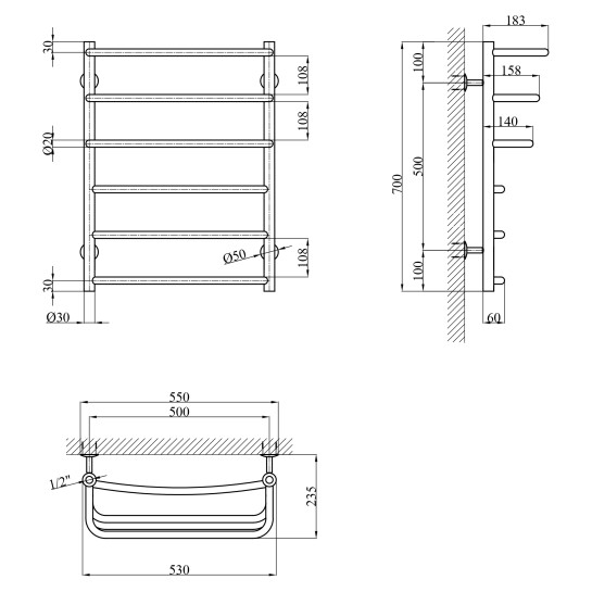 Додаткове фото - Сушарка для рушників водяна Kroner KRP Prima WT700x500-6