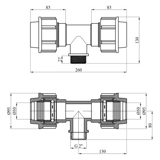 Додаткове фото - Трійник ПЕ SantehPlast 50х2"х50 РЗ