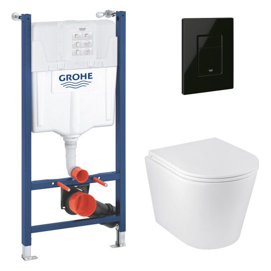 Головне фото - Комплект 4 в 1: Інсталяція Grohe Solido 2 в 1 38971000 + Панель змиву для унітаза Even Black 38966KV0 + Унітаз підвісний безобідковий Kroner Armada WHI513636 RIMLESS з сидінням Slim Duroplast / Soft-close / Quick relase KA513636WHIR (38971966KV0KA51R)