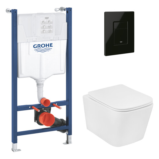 Головне фото - Комплект 4 в 1: Інсталяція Grohe Solido 2 в 1 38971000 + Панель змиву для унітаза Grohe Even Black 38966KV0 + Унітаз підвісний безобідковий Kroner Eifel WHI483429 TORNADO з сидінням Slim Duroplast / Soft-close / Quick relase KE483429WHIT(38971966KV0KE48T)