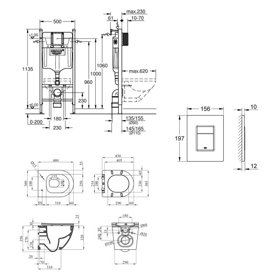 Додаткове фото - Комплект 4 в 1: Інсталяція Grohe Solido 2 в 1 38971000 + Панель змиву для унітаза Grohe Even Black 38966KV0 + Унітаз безобідковий Kroner Harz WHI483632 TORNADO з сидінням Slim Duroplast / Soft-close / Quick relase KH483632WHIT (38971966KV0KH48T)