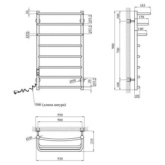 Додаткове фото - Сушарка для рушників електрична Kroner KRP Prima EL900x500-8