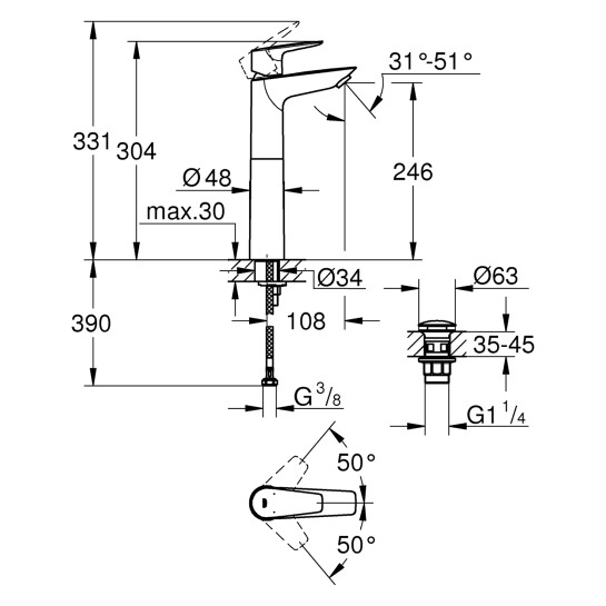 Додаткове фото - Змішувач для раковини Grohe QuickFix StartEdge XL-Size 23777001 з донним клапаном