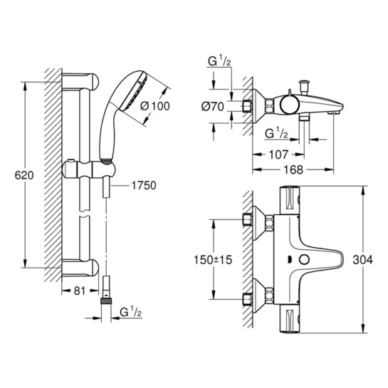 Додаткове фото - Змішувач для ванни Grohe Grohtherm 800 34567000 з душовим гарнітуром 27948001 (34567001)