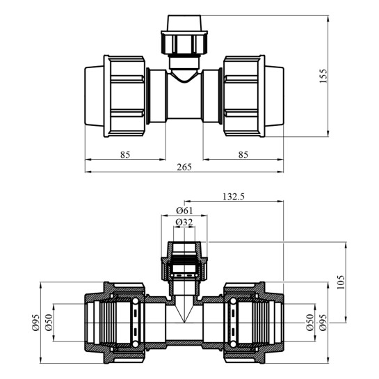 Додаткове фото - Трійник редукційний ПЕ SantehPlast 50х32х50 мм