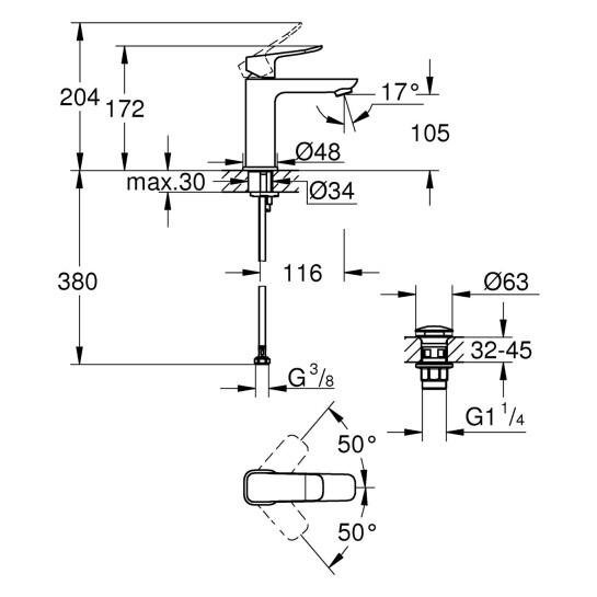 Додаткове фото - Змішувач для раковини Grohe QuickFix Dice M-Size 1018332430 з донним клапаном