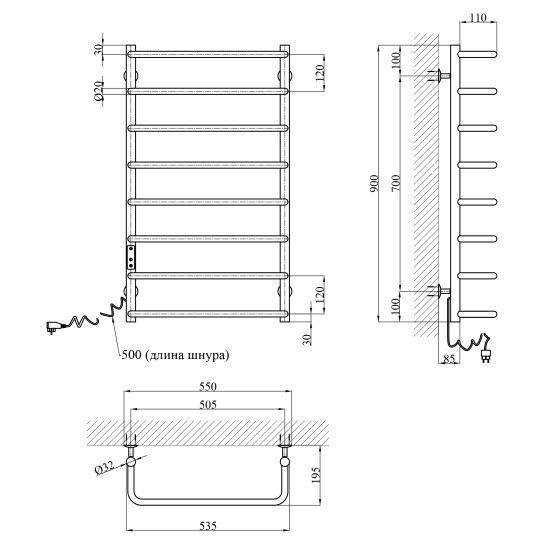 Додаткове фото - Сушарка для рушників електрична Kroner KRP Stil EL900x500-8