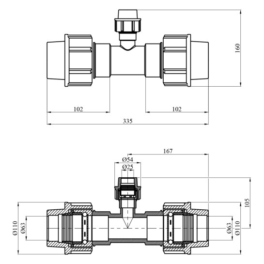 Додаткове фото - Трійник редукційний ПЕ SantehPlast 63х25х63 мм