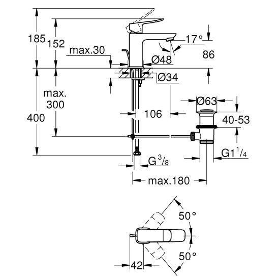 Додаткове фото - Змішувач для раковини Grohe QuickFix Dice S-Size 1018562430 з донним клапаном