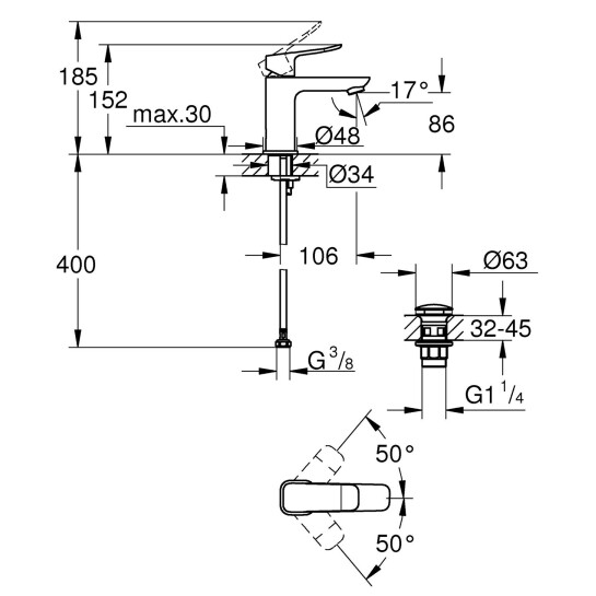 Додаткове фото - Змішувач для раковини Grohe QuickFix Dice S-Size 1018570000 з донним клапаном