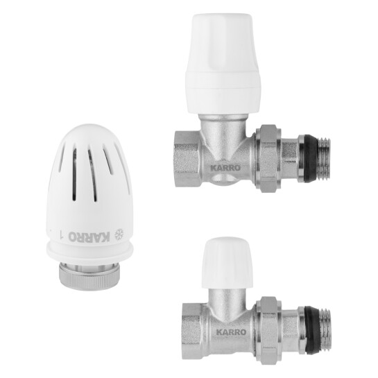 Головне фото - Комплект радіаторних прямих кранів Karro 1/2" ВЗ (верхній+нижній) з термоголовкою, нікельовані KR-5302