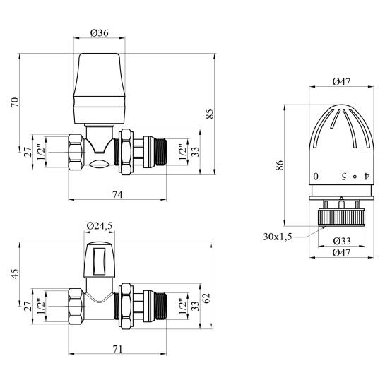 Додаткове фото - Комплект радіаторних прямих кранів Karro 1/2" ВЗ (верхній+нижній) з термоголовкою, нікельовані KR-5302