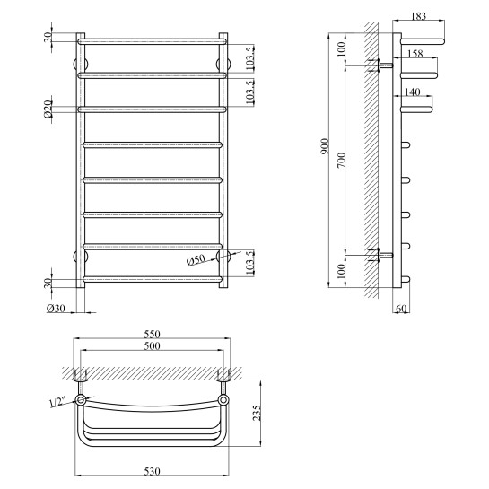 Додаткове фото - Сушарка для рушників водяна Kroner KRP Prima WT900x500-8