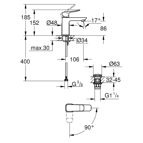 Додаткове фото - Змішувач для раковини Grohe QuickFix Dice ES S-Size 1018612430 з донним клапаном