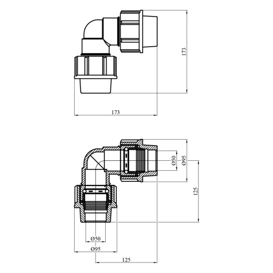 Додаткове фото - Коліно ПЕ SantehPlast 50х50 мм