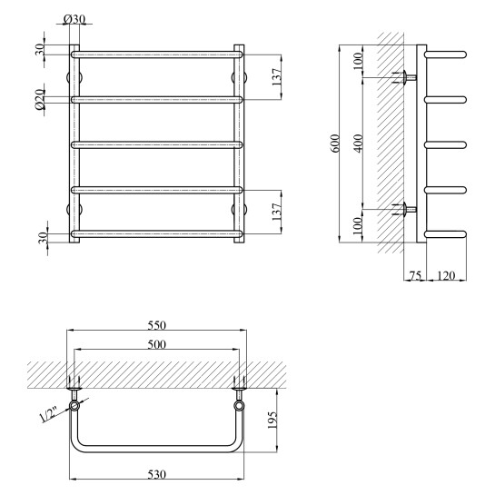 Додаткове фото - Сушарка для рушників водяна Kroner KRP Stil WT600x500-5
