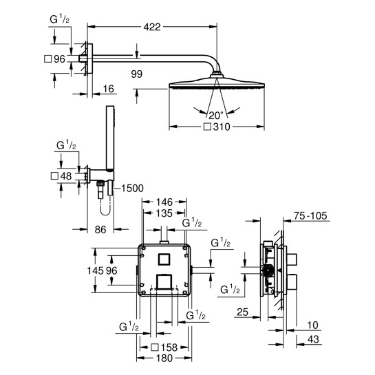 Додаткове фото - Душова система прихованого монтажу Grohe QuickFix Precision Cube Vitalio Rain Mono 310 Cube 34879000