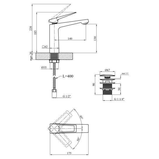 Додаткове фото - Змішувач для раковини Kroner KRP Ersel - SCH0110BV з донним клапаном