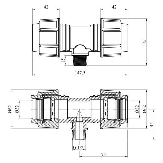 Додаткове фото - Трійник ПЕ SPT 32х1/2"х32 РЗ