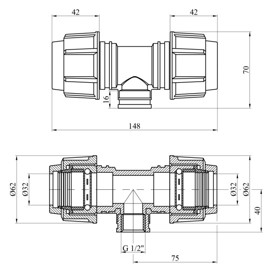Додаткове фото - Трійник ПЕ SPT 32х1/2"х32 РВ