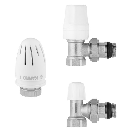 Головне фото - Комплект радіаторних кутових кранів Karro 1/2" ВЗ (верхній+нижній) з термоголовкою, нікельовані KR-5301