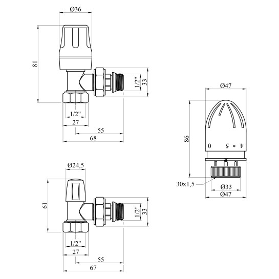 Додаткове фото - Комплект радіаторних кутових кранів Karro 1/2" ВЗ (верхній+нижній) з термоголовкою, нікельовані KR-5301