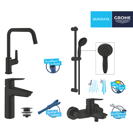Додаткове фото - Набір змішувачів 4 в 1 для ванної кімнати та кухні Grohe QuickFix Start Black M-Size UA303301MK