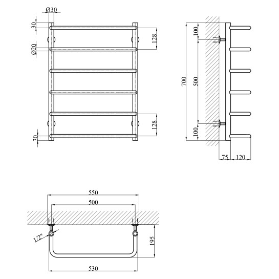 Додаткове фото - Сушарка для рушників водяна Kroner KRP Stil WT700x500-6