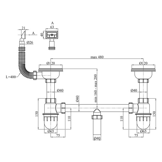 Додаткове фото - Сифон для кухонної мийки Kroner KRP Siphon - 012 3 1/2"х50/40 мм