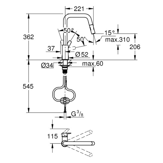 Додаткове фото - Змішувач для кухні з висувним виливом Grohe QuickFix Start 306312430 