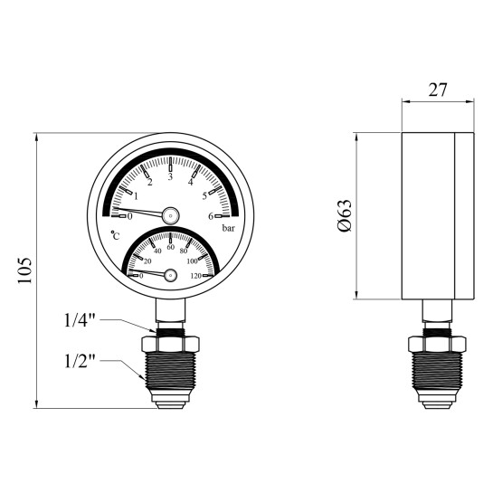 Додаткове фото - Термоманометр Karro 1/2"х1/4" вертикальний 63 мм KR-1086А