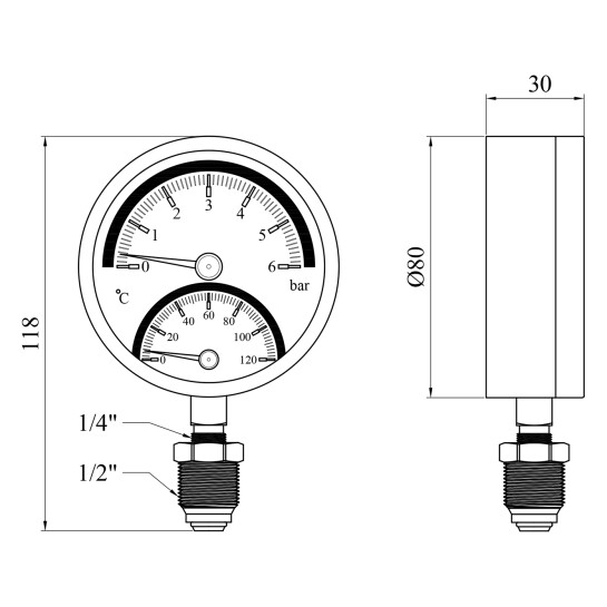 Додаткове фото - Термоманометр Karro 1/2"х1/4" вертикальний 80 мм KR-1086