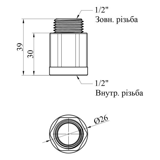 Додаткове фото - Подовжувач посилений LexLine 1/2" ВЗ, L=30 мм латунний УК0601-В30
