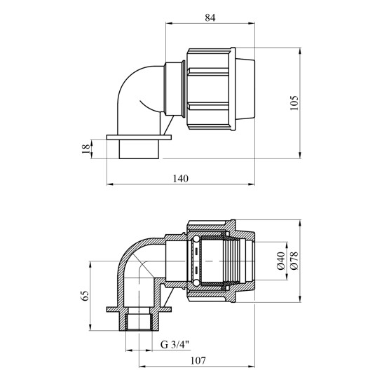 Додаткове фото - Коліно ПЕ SantehPlast 40х3/4" РВ