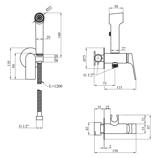 Додаткове фото - Набір для гігієнічного душу прихованого монтажу зі змішувачем Kroner KRP Graz - GRP082