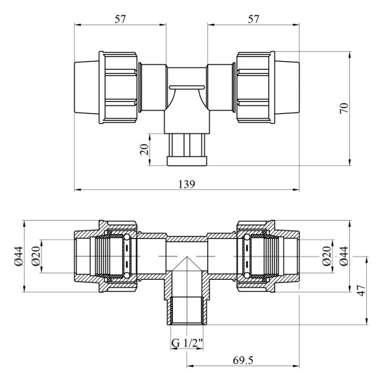 Додаткове фото - Трійник ПЕ SantehPlast 20х1/2"х20 РВ