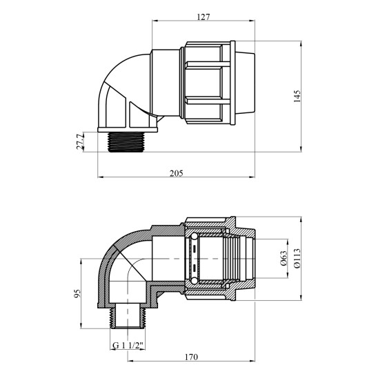Додаткове фото - Коліно ПЕ STR 63х1 1/2" РЗ