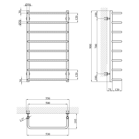 Додаткове фото - Сушарка для рушників водяна Kroner KRP Stil WT900x500-8