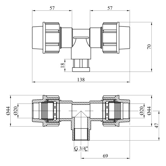 Додаткове фото - Трійник ПЕ SantehPlast 20х3/4"х20 РВ